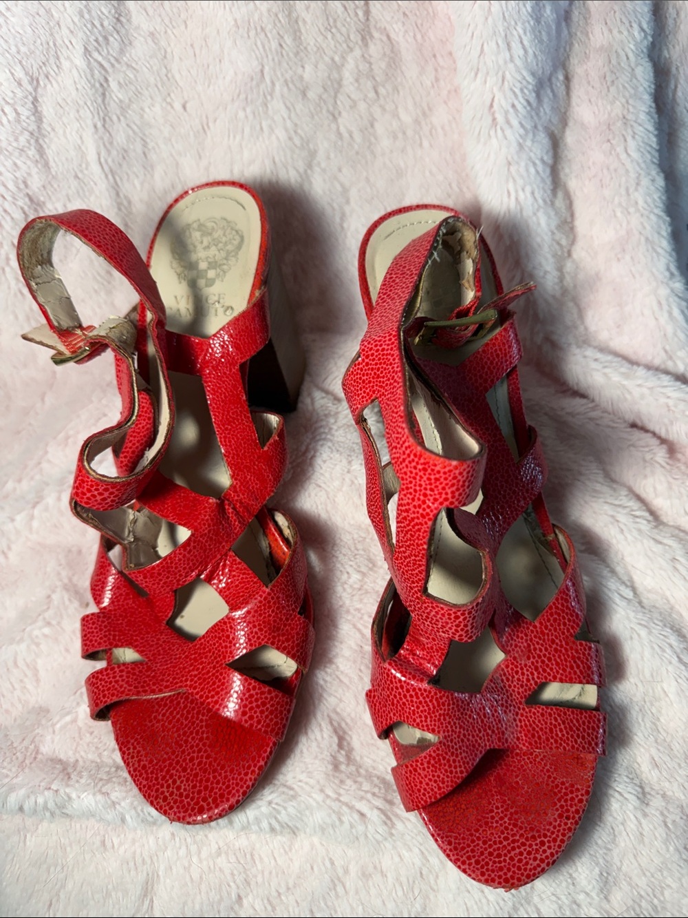 Vince Camuto Red Strappy Block Heels with snakeskin finish